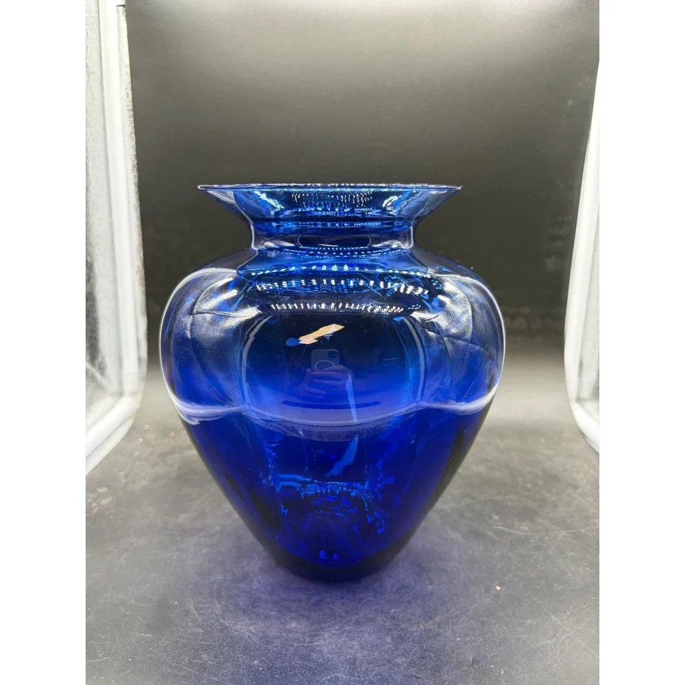 Vintage Cobalt Blue Hand Blown Art Glass Vase Flared Rim Polished Pontil 8.25in